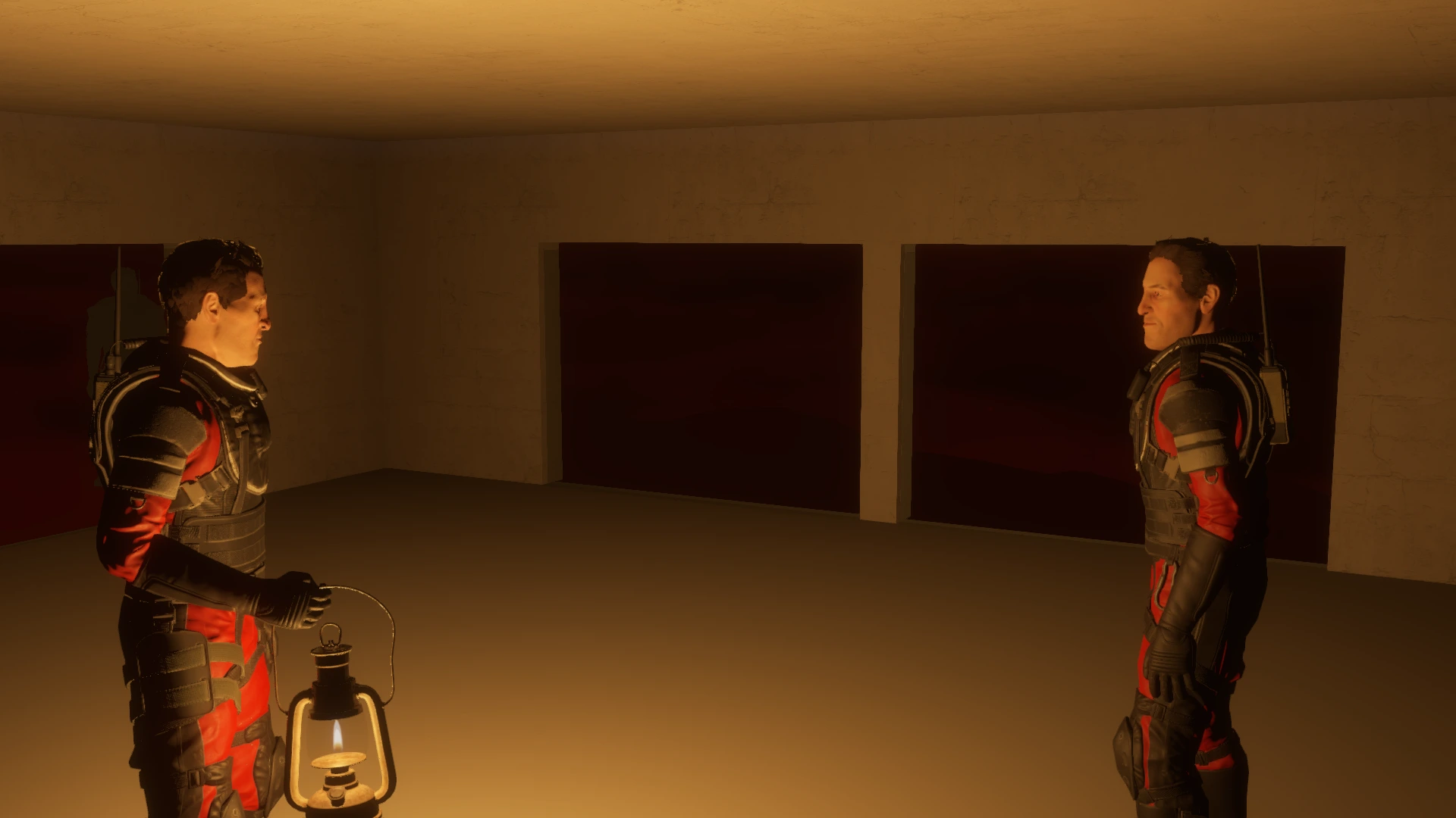 Facility corridor by lantern light